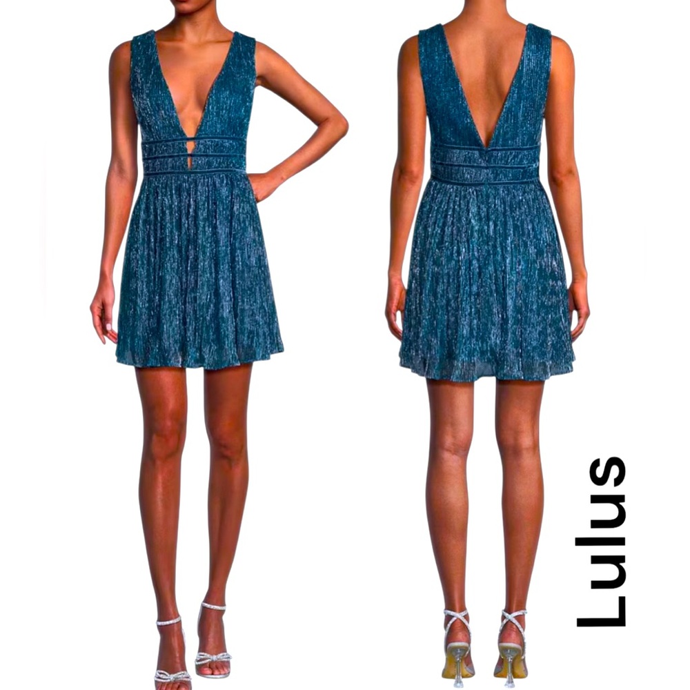 Lulu's Elegant Metallic Shimmer Deep V Smokey Blue Mini Dress